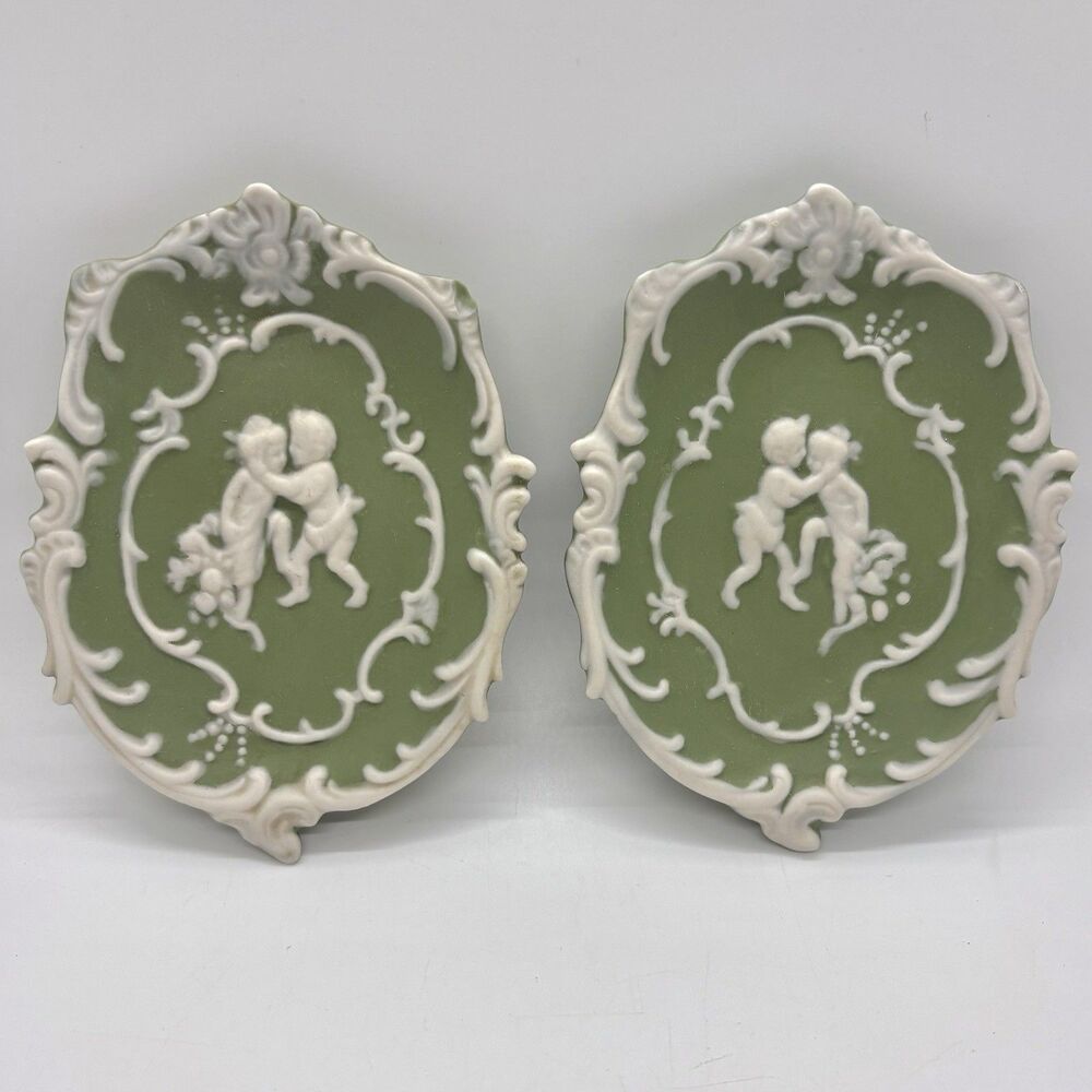 Vintage Schafer and Vater Style Green Jasperware Dancing Children Pin Dish Set